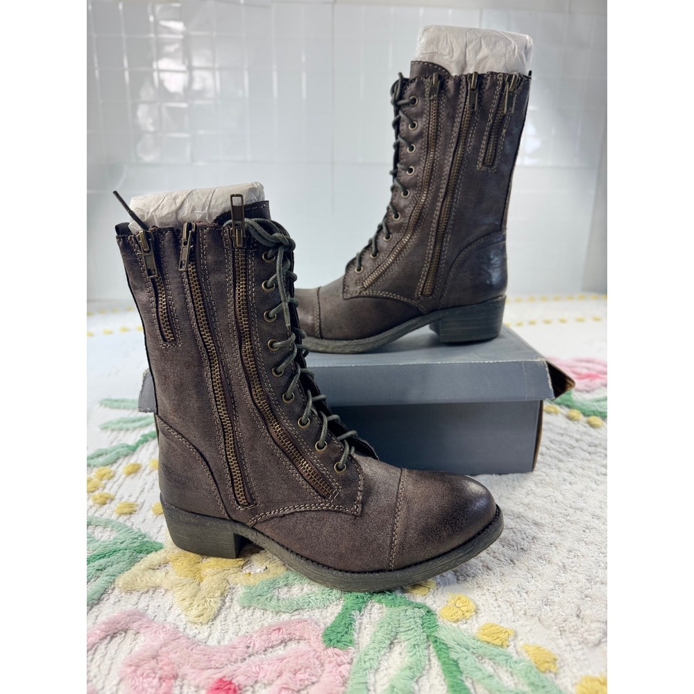 R.B.L.S. Lorena Brown Distressed Lace Up Combat Boots Side Zip Faux Fur 5.5M